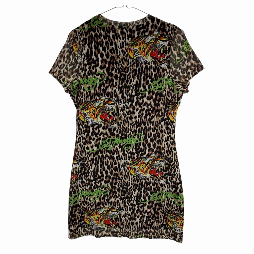 Ed Hardy Mini Mesh Dress Tiger Leopard Print Short Sleeves Size Large - Picture 5 of 8